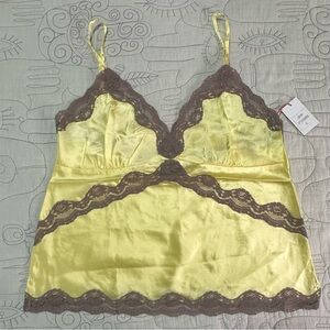 NEW Gold Hawk Silk Cami Sunshine Yellow w/ Brown Lace Sz L